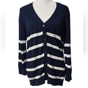 Tommy Hilfiger | Navy w/White Strips V-Neck Button-Down Cardigan w/ 3/4 Sleeves